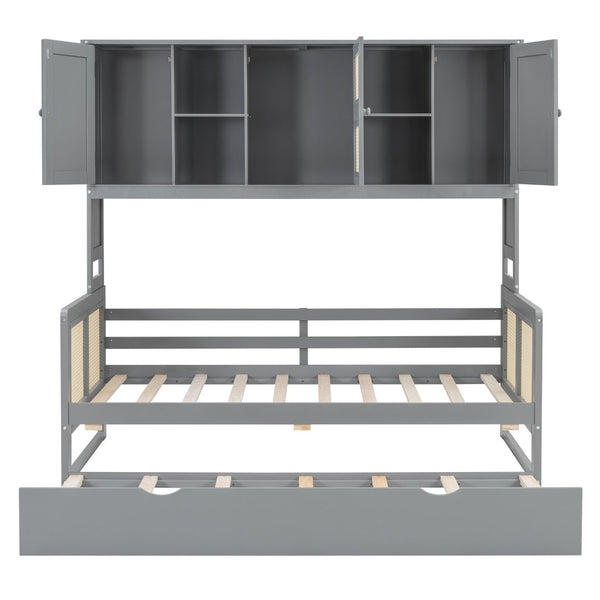 English Elm Twin Size Wooden Daybed With Trundle, Integrated Storage Cabinet & Shelves In Elegant Gray Finish N820S00048E-GIGA