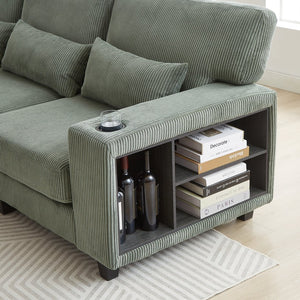 English Elm 102.75*102.75" L-Shaped Modular Sectional Sofa with Corduroy Upholstery, Storage Arm, Cup Holder, 5-Seat Convertible Lounge Green W1926S00054