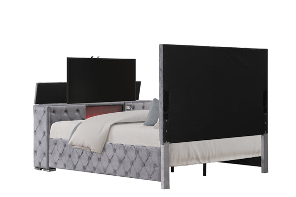 English Elm Encore Modern Queen Bed With Tufted Headboard And Hidden Tv Compartment In Stylish Gray Upholstery B009S01679