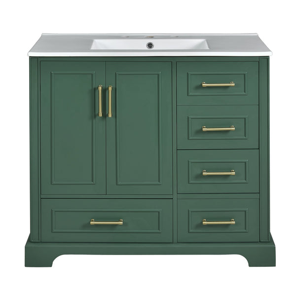 English Elm 36" Traditional Bathroom Vanity with Ceramic Sink, Solid Wood Cabinet, Soft-Close Doors & Drawers Green N729P251630F