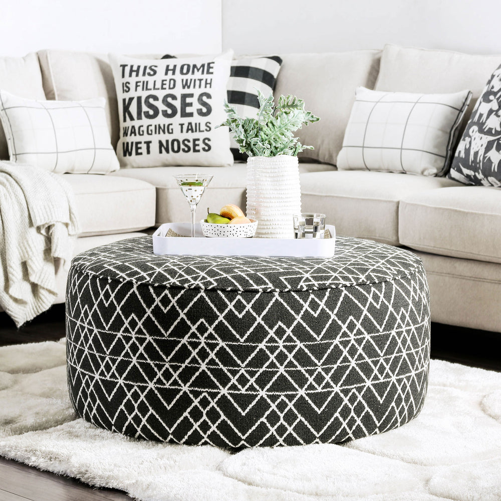English Elm Contemporary Round Upholstery Ottoman With Elegant Welt Trim - Versatile Black And Ivory Accent Piece B2741P356313