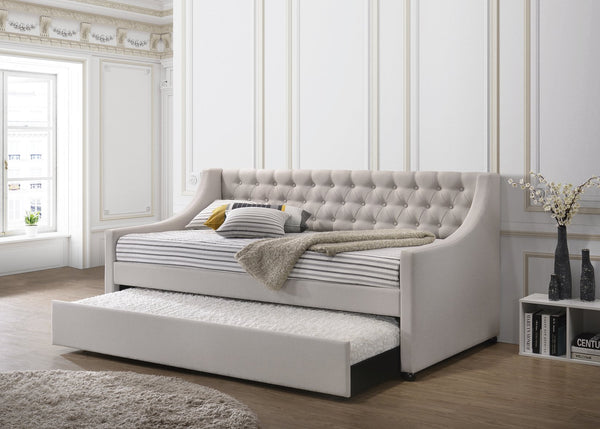 English Elm Lianna Upholstered Button-Tufted Full Daybed with Roll-Out Twin Trundle, Solid Wood Legs, Chic Design Fog 86.13 L x 17.88 W x 5.13 H B2726S00501