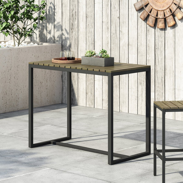 English Elm Christopher Knight Home® - EZRA Outdoor Industrial Acacia Wood Bar Table with Teak Finish and Iron Frame for Stylish Patios Grey+Black 70261.00GRY