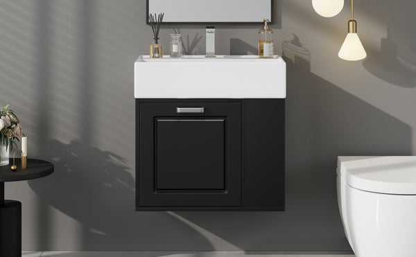 English Elm Christopher Knight Home® - 21.8" Wall-Mounted Bathroom Vanity with Ceramic Sink, Soft-Close Drawer, Adjustable Shelves & Tissue Holder Black N759P292550B