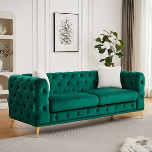 English Elm Fx Chesterfield Velvet Sofa with Diamond Tufting Polished Legs and Accent Pillows Green W1926S00081