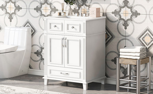 English Elm 24'' Retro Bathroom Vanity Solid Rubberwood Frame Ceramic Sink Soft Close Storage White N710P405405K