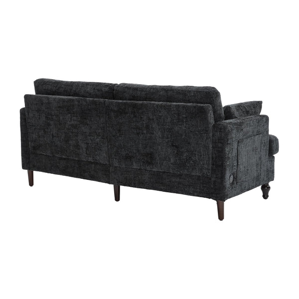 English Elm Modern chenille 2-seater sofa with LED lighting, USB charging, storage pocket, sturdy wood legs Black W395P318548