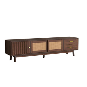 English Elm Mid Century Modern TV Stand with Rattan Sliding Doors, Solid Wood Legs, Drawers & Waterproof Top N710P257617P