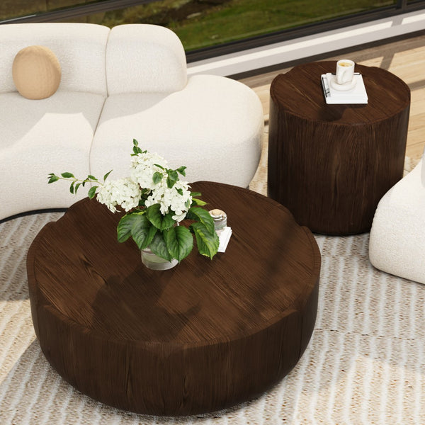English Elm Round Mgo Drum Coffee Table Set Weatherproof Wood Grain Finish for Patio or Living Room Brown W757S00051