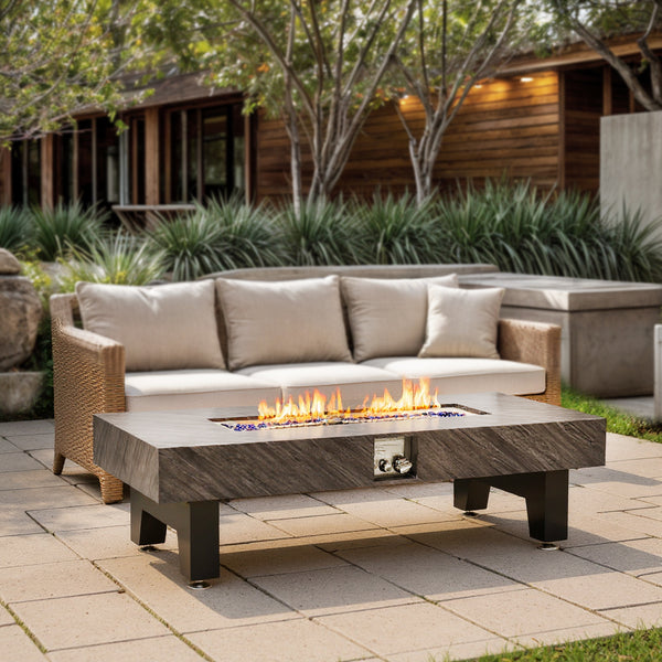 English Elm 54_inch Iron Fire Pit Table Stone Finish with Stainless Burner, Propane Powered, Spacious Patio Centerpiece Black W3131P277181