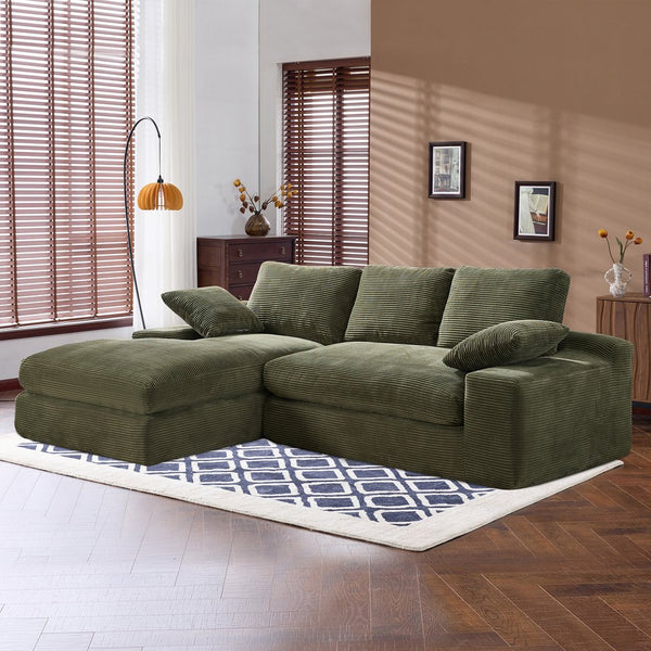 English Elm Green corduroy compressed sofa with 3 back cushions & 2 throw pillows — soft, resilient, space-saving comfort W3612S00016