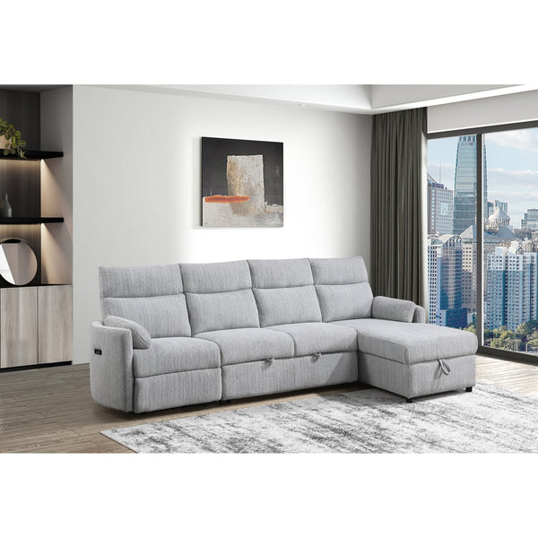 English Elm Grey Sleeper with Storage Chaise - Upholstered Grey Fabric, Power Recline, USB, Pull-Out Bed & Hidden Storage B201S00426