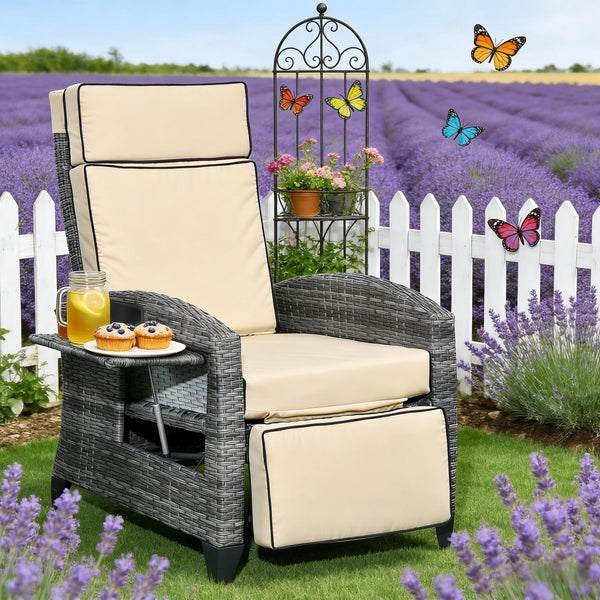 English Elm Reclining Outdoor Wicker Lounge Chair with Side Tray Thick Cushions Patio Resort T3971P444387