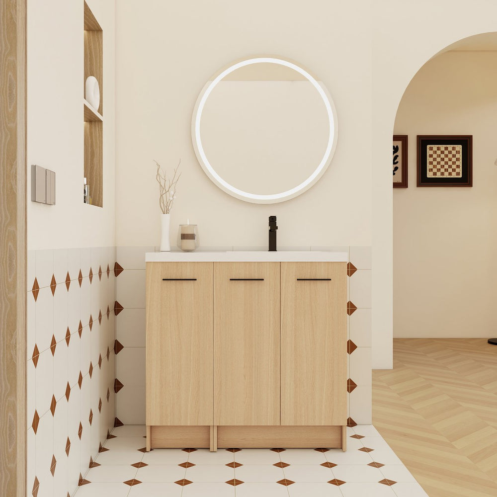 English Elm 36" Floating Bathroom Vanity Light Oak Modular Cabinet with Gel Coat Integrated Sink W3450S00106