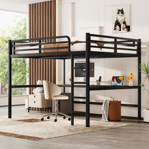 English Elm Metal Queen Size Loft Bed With Integrated Desk, Led Lighting, Power Outlet & Space-Saving Design W1580S00182