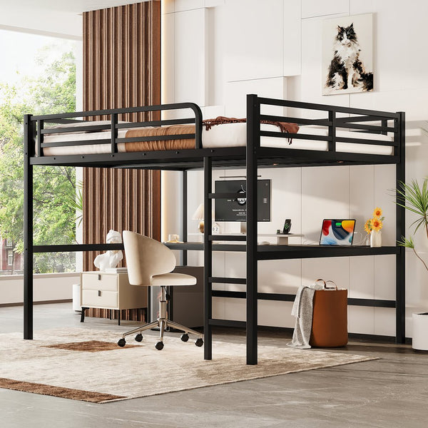 English Elm Metal Queen Size Loft Bed With Integrated Desk, Led Lighting, Power Outlet & Space-Saving Design W1580S00182