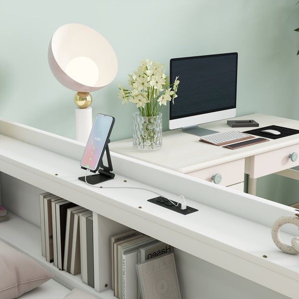 English Elm Full Platform Bed with L-shaped Bookcase Built-in Power Outlets and Storage Drawers White W504S00340