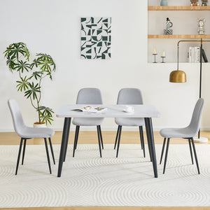 English Elm Table and Chair Set Modern Marble Glass Top Dining for Four with Linen Upholstered Seats W1151S04626
