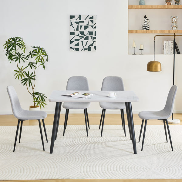 English Elm Table and Chair Set Modern Marble Glass Top Dining for Four with Linen Upholstered Seats W1151S04626