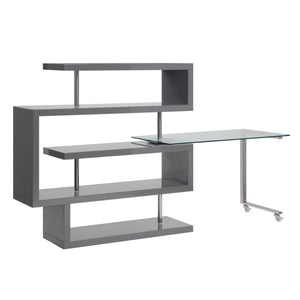 English Elm Buck Modern Buck Glass Writing Desk with Chrome High-Gloss Frame, 360° Swivel, Shelves & Wheels Gray 51 L x 28 W x 4.5 H B2726S00027