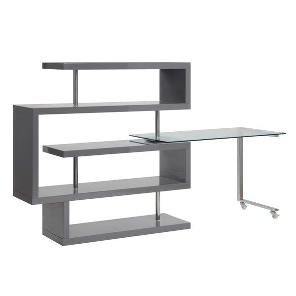 English Elm Buck Modern Buck Glass Writing Desk with Chrome High-Gloss Frame, 360° Swivel, Shelves & Wheels Gray 51 L x 28 W x 4.5 H B2726S00027