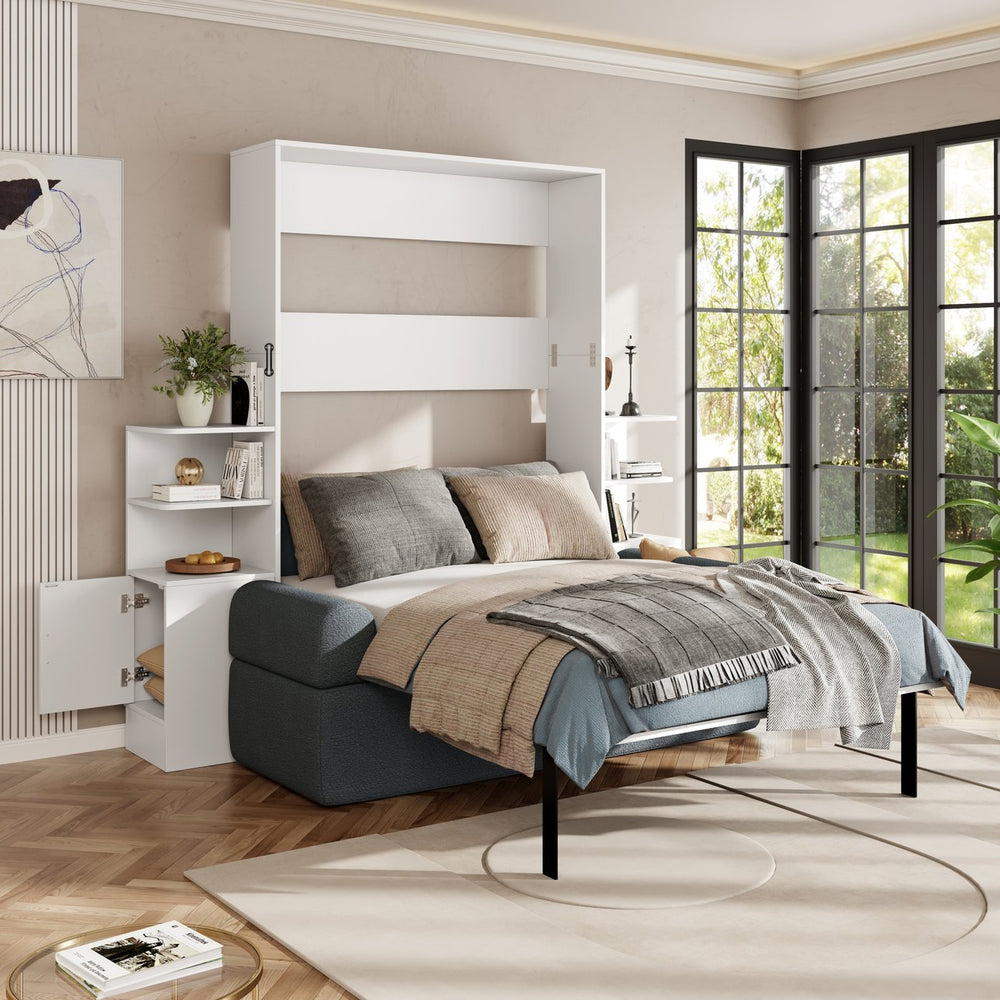 English Elm Full Size Murphy Bed System with Integrated Sofa and Storage Towers for Guest Rooms White+Gray LP000380AAE
