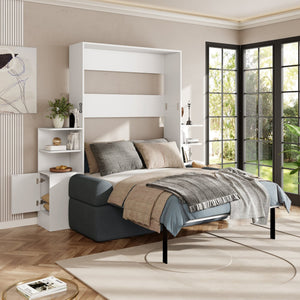 English Elm Full Size Murphy Bed System with Integrated Sofa and Storage Towers for Guest Rooms White+Gray LP000380AAE