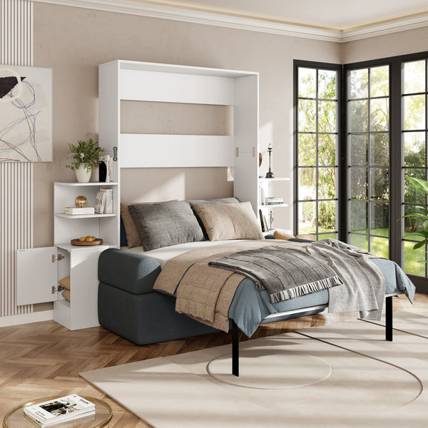 English Elm Full Size Murphy Bed System with Integrated Sofa and Storage Towers for Guest Rooms White+Gray LP000380AAE