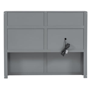 English Elm Wood Full Size Hydraulic Platform Bed with LED Headboard, Charging Station, Hidden Storage Drawers and Shelves Gray GX000371AAE