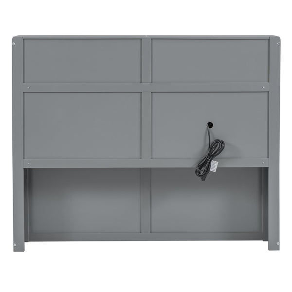 English Elm Wood Full Size Hydraulic Platform Bed with LED Headboard, Charging Station, Hidden Storage Drawers and Shelves Gray GX000371AAE