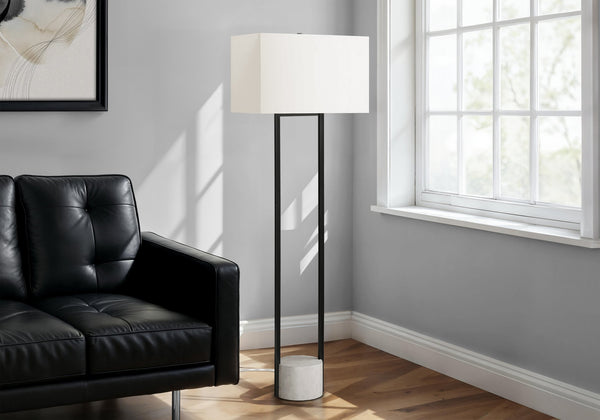 English Elm Lighting, 65"H arc floor lamp with ivory drum shade, sleek metal frame, 100W max, foot switch, modern ambiance Black 22 L x 14 W x 18 H B2710P221309