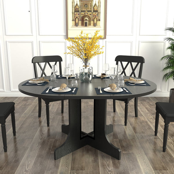 English Elm Dining Table Expandable 43–59" Oval with Removable Leaf, X-Base Farmhouse Style Oak Veneer Black – Seats 6 W1347P202405