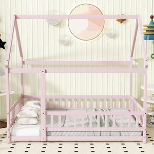 English Elm Full Size House Floor Bed With Roof Frame & Guardrails - Cozy Pink Wooden Design For Kids W504P286410