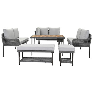 English Elm K&K 6-Piece Rope Patio L-Shaped Sectional Set with Acacia Wood Ice Box Table and Deep Cushions Grey N707S000014G