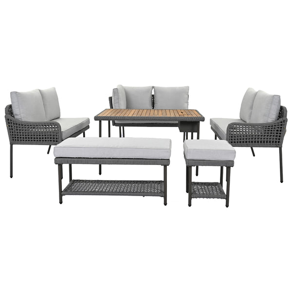 English Elm K&K 6-Piece Rope Patio L-Shaped Sectional Set with Acacia Wood Ice Box Table and Deep Cushions Grey N707S000014G