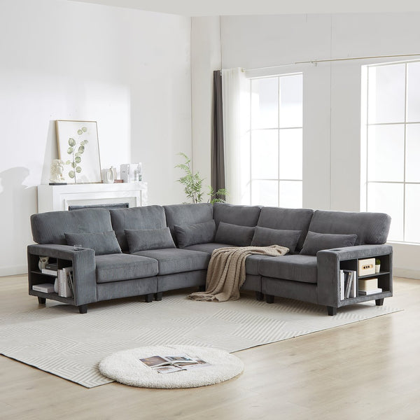 English Elm 102.75*102.75" L-Shaped Modular Sectional Sofa with Corduroy Upholstery, Storage Arm, Cup Holder, 5-Seat Convertible Lounge Grey W1926S00055