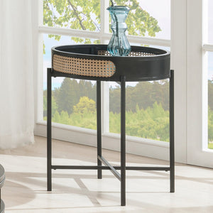 English Elm Round Retro Round End Table with Open Top, Wood Texture & Mesh Border, Black Metal Legs for Stylish Storage B016P323428