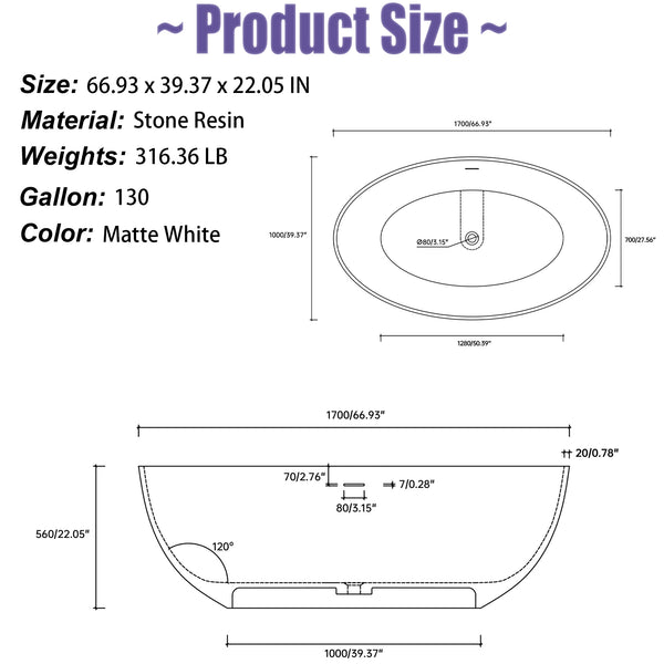 English Elm 67 Inch Freestanding Soaking Tub Eco Stone Resin Matte Finish Spa Bath Retreat T3785P353947