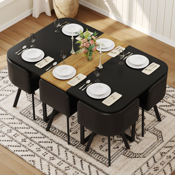 English Elm 7 Piece Industrial Dining Set with Faux Leather Chairs and Wood Grain Metal Frame Table W3875S00099
