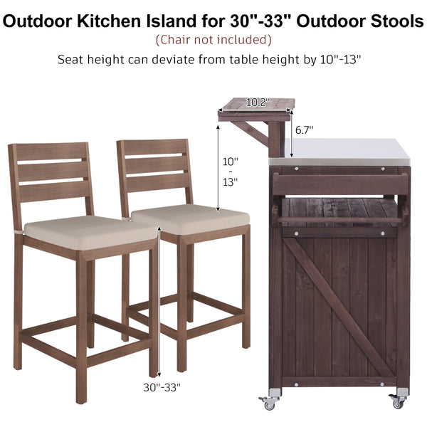 English Elm K&K 53.3" Outdoor Kitchen Island with 1.2" Stainless Top, Spacious Storage, Raised Shelf, Wheels Brown N707P250628Z