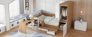 English Elm Full Size Wooden Platform Bed With 6 Drawers, Desk, Shelves & Wardrobe - Stylish Natural Finish N820S00060N