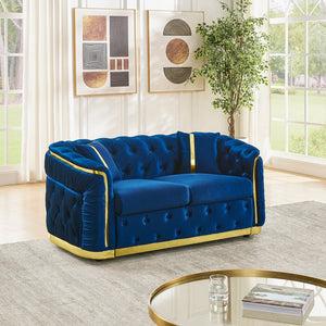 English Elm 62.6 Inch Chesterfield Velvet Loveseat with Gold Steel Trim Button Tufted Luxury Seating Navy Blue W1191S00092