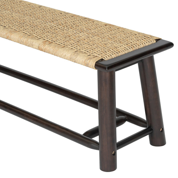 English Elm Farmhouse Solid Wood Rattan Bench – 59" Indoor & Covered Outdoor Seating, Moisture-Resistant Finish, Seats 3 Walnut N842P271335D