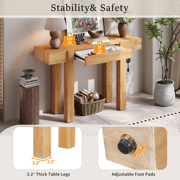 English Elm Trexm Ash Veneer Entryway Console Table Built in Power Outlet Drawer Rubberwood Natural N715P361518N