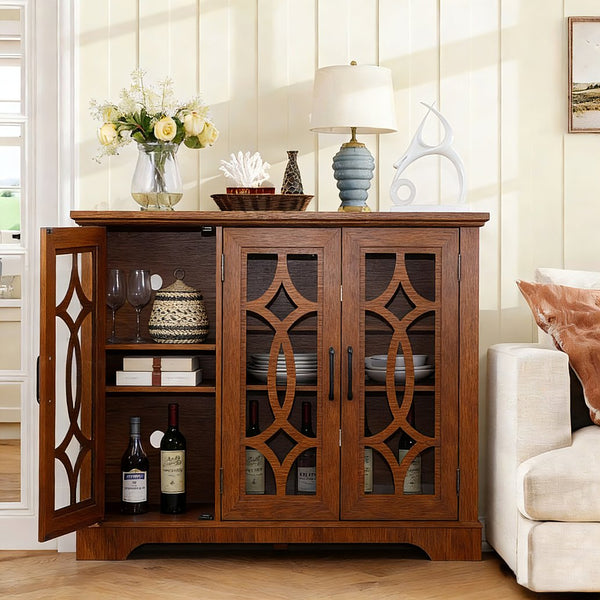 English Elm 48.66" Wide Tempered Glass Door Buffet Sideboard with Adjustable Shelves Dark Finish Dark Oak W2899P372745