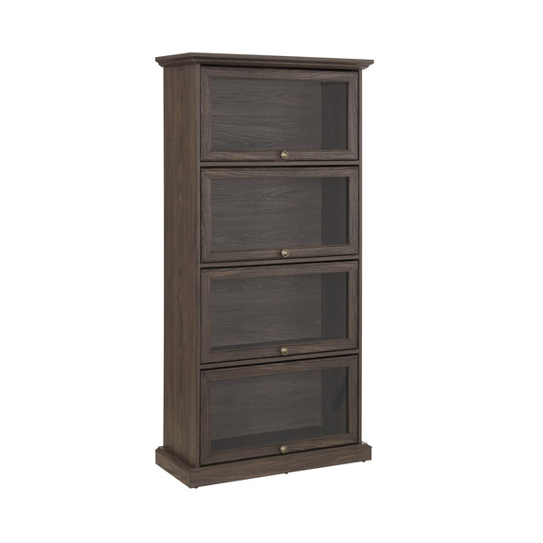 English Elm Glass 4-Tier Display Cabinet with Tempered Glass Doors, Flip-Up Access, Aluminum Frame, Elegant Chic Storage for Collectibles and Books Brown W2275P206601