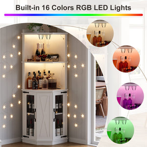 English Elm 67.3" Farmhouse Corner Bar Cabinet Led Lit Wine Storage with Built-in Power Outlets N735P361423K