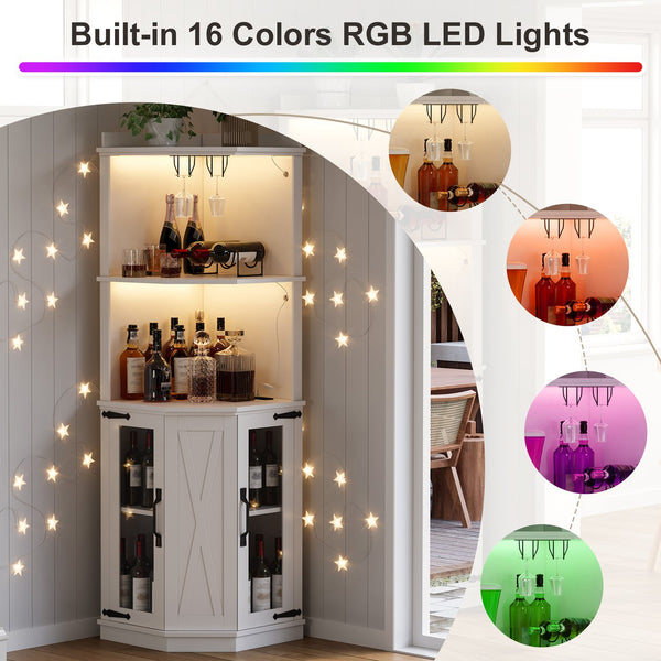 English Elm 67.3" Farmhouse Corner Bar Cabinet Led Lit Wine Storage with Built-in Power Outlets N735P361423K