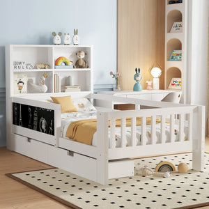 English Elm Twin Chalkboard Platform Bed with Drawers & Shelves, Solid Wood Kids Bed with Storage and Creative Headboard White W1580P362704