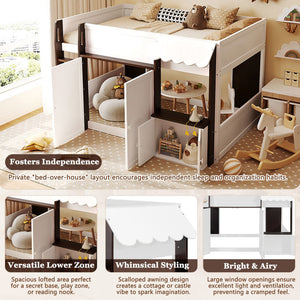 English Elm Twin House Loft Bed with Pull Out Rolling Desk Stair Drawers and Cabinet Storage Espresso+White N820S00074P